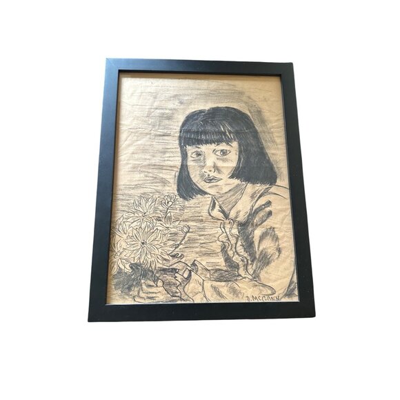 Framed Pencil Portrait Of Girl With Flowers By A. McClain 18"x12" From Frames Un - Picture 8 of 11